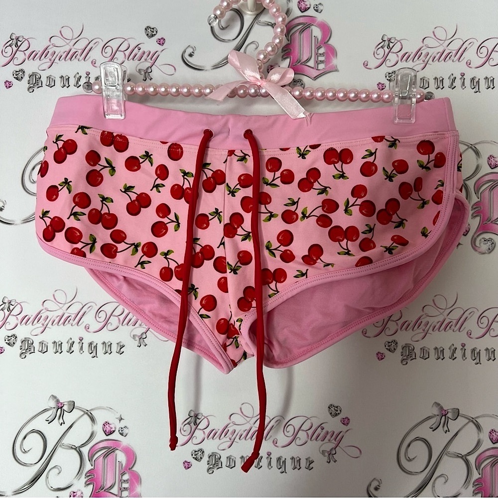 Melissa Pink and Red cherry Print mini booty Shorts tie up waist rare y2k swim